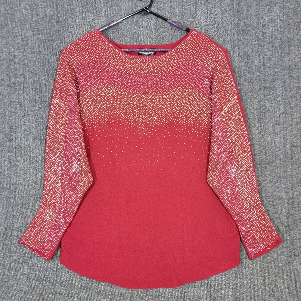 Oliver O Sweater Womens 2X Red Long Sleeve Rhinestone Studded Knit Tunic Top